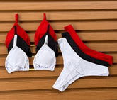 KIT 3 Biquíni Cortininha Calcinha Asa Delta Vermelho/Preto/Branco