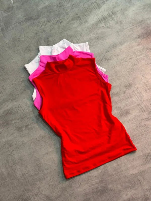 Kit 3 Blusa Baby Look Gola Alta Sem Manga Vermelho/Pink Claro/Branco