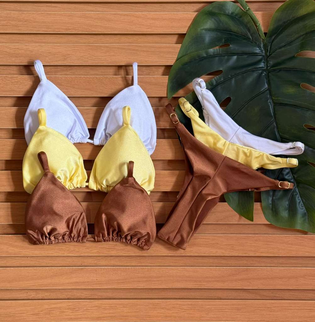 KIT 3 Biquini Cortininha Regulador Branco/Amarelo Manteiga/Chocolate