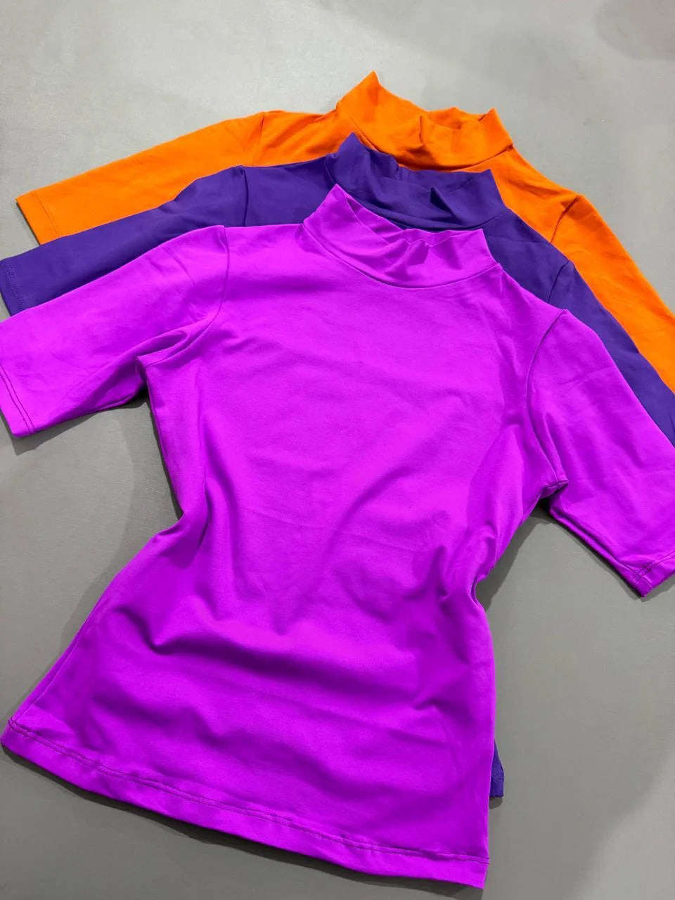kit 3 Blusa Baby Look Gola Alta Manga Fúcsia/Roxo Escuro/Laranja