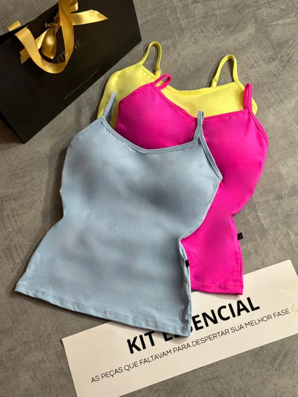 Kit 3 Regata com Bojo Azul Bebê/Rosa Pink/Amarelo Abacaxi
