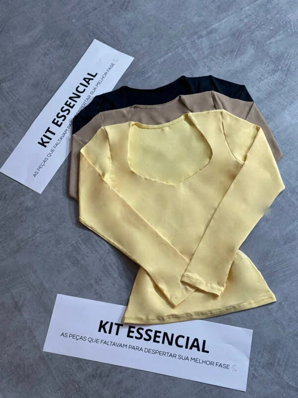 Kit 3 Blusa Decote Coração Abacaxi/Bege/Preto