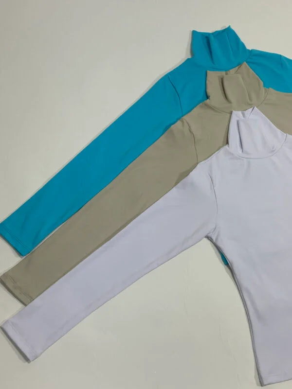 kit 3 Blusas Manga Longa Cacharrel Branco/Bege/Celeste