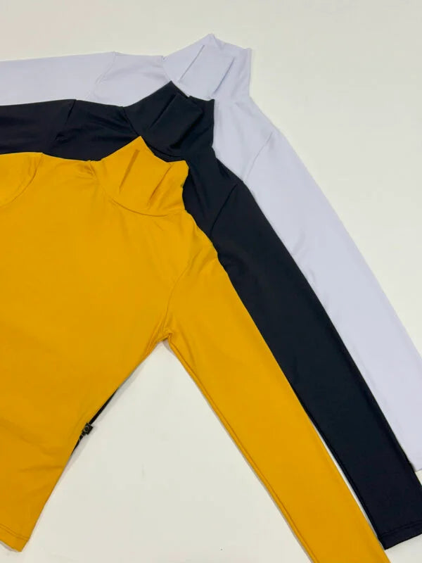 kit 3 Blusas Manga Longa Cacharrel Branco/Preto/Mostarda