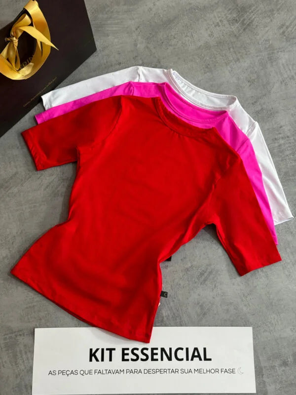 Kit 3 Blusa Gola Careca Vermelho/Pink Claro/Branco