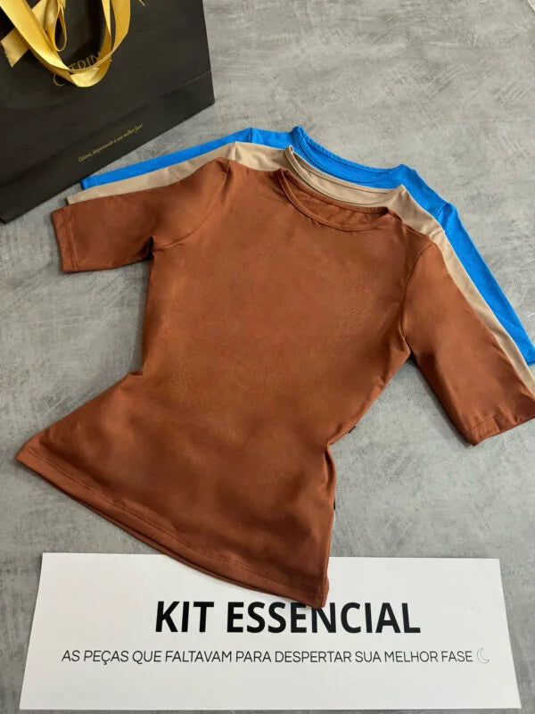 Kit 3 Blusa Gola Careca Chocolate/Bege/Azul Céu