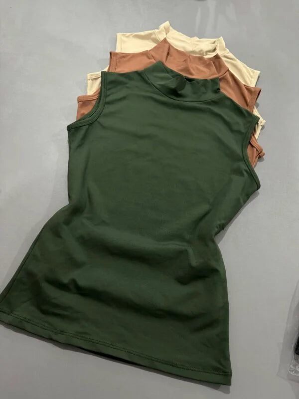 Kit 3 Blusa Baby Look Gola Alta Sem Manga Militar/Chocolate/Bege
