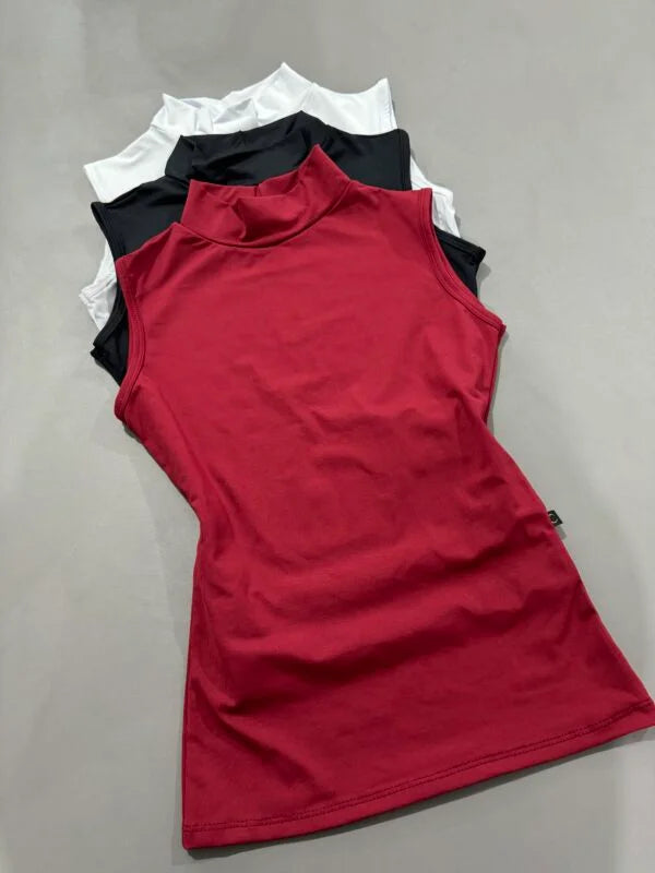 Kit 3 Blusas Baby Look Gola Alta Sem Manga Vermelho/Preto/Branco