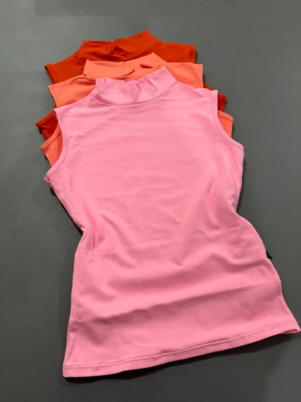 Kit 3 Blusa Baby Look Gola Alta Sem Manga Chiclete/Coral/Vermelho