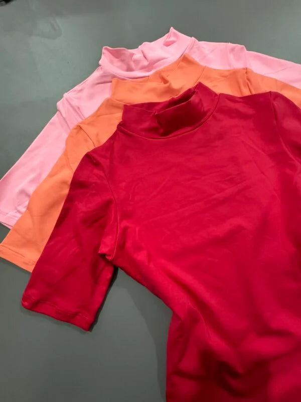 kit 3 Blusas Baby Look Gola Alta Manga Vermelho/Coral/Chiclete