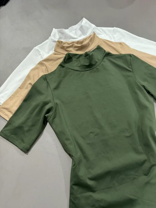 Kit 3 Blusas Baby Look Gola Alta Manga Militar/Bege/Branco