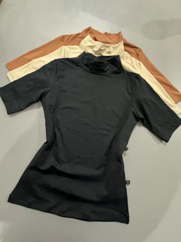 KIT 3 Blusas Baby Look Gola Alta Manga Preto/Bege/Chocolate