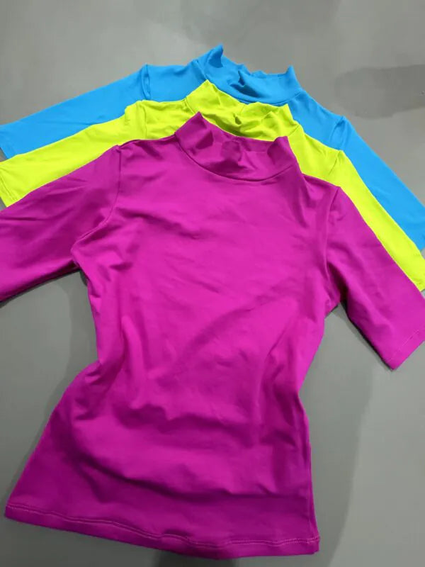 Kit 3 Blusas Baby Look Gola Alta Manga Fúcsia/Lima/Céu