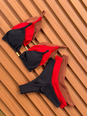 KIT 2 Biquíni Cortininha Calcinha Asa Delta Vermelho/Preto