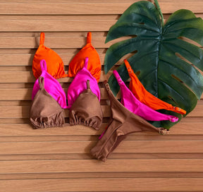 KIT 3 Biquini Cortininha Regulador Laranja/Rosa Pink Claro/ Chocolate