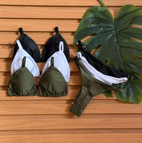 KIT 3 Biquini Cortininha Regulador Preto/Branco/Verde Militar