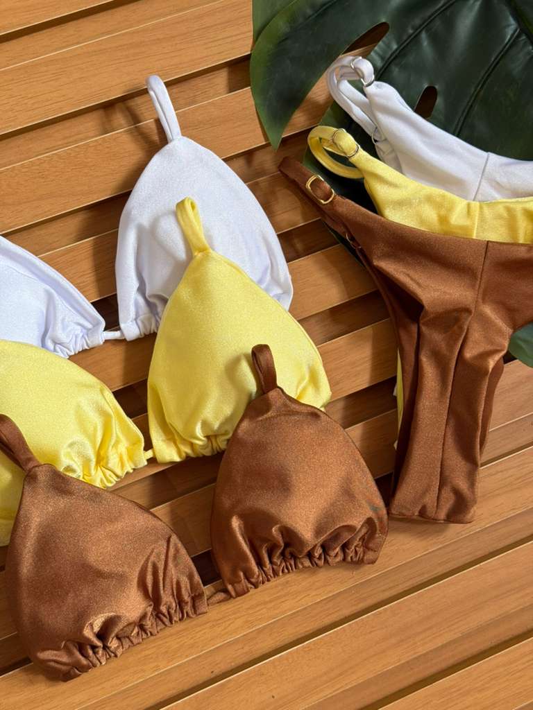 KIT 3 Biquini Cortininha Regulador Branco/Amarelo Manteiga/Chocolate