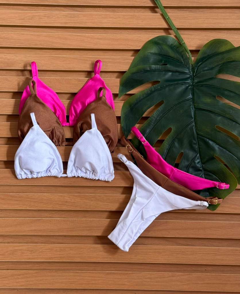 KIT 3 Biquini Cortininha Regulador Rosa Pink Claro/Chocolate/Branco