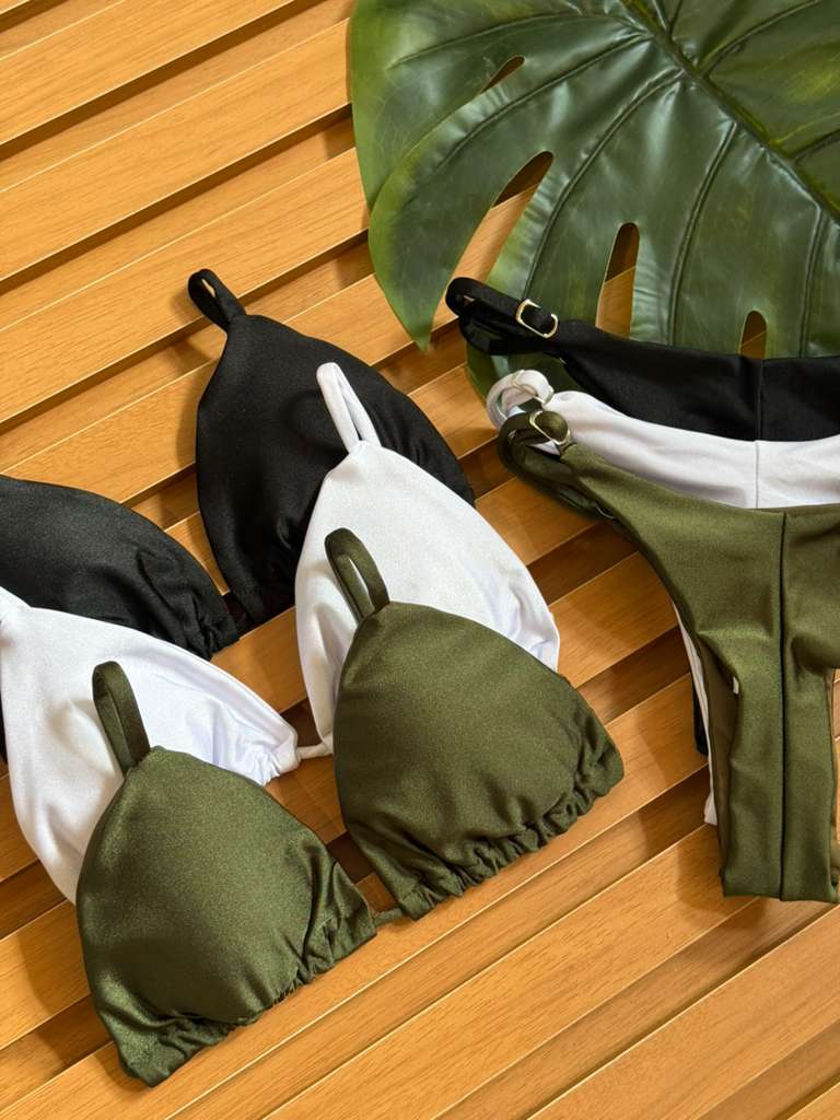 KIT 3 Biquini Cortininha Regulador Preto/Branco/Verde Militar