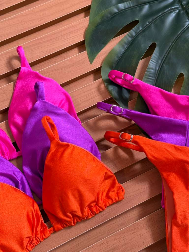 KIT 3 Biquini Cortininha Regulador Rosa Pink Claro/Rosa Fúcisa/Laranja